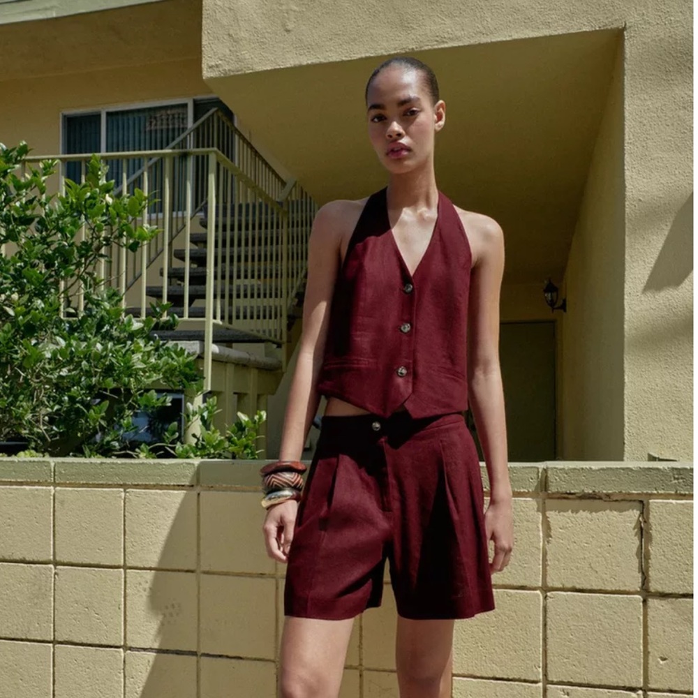 Zara Linen Halter Vest Burgundy Red Open Back Tie Waistcoat Top Women XL